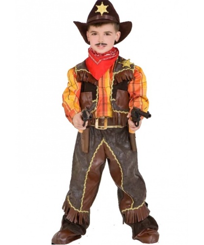 Детский костюм Ковбой для мальчика: жилетка, накладки на туфли, платок, пояс, рубашка, штаны, шляпа, 2 револьвера (Италия)