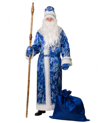 Костюм Деда Мороза, синий сатин: шуба, кушак, шапка, пояс, рукавицы, парик, борода, мешок (Россия)