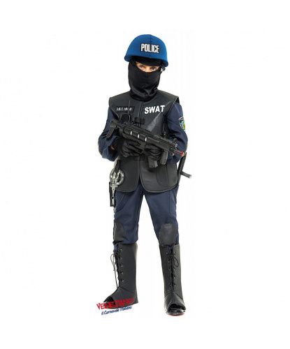 Детский костюм полицейского спецназа: комбинезон, жилетка, каска, накладки на обувь, пояс, балаклава, перчатки, оружие (дубинка и автомат), наручники, рация, нож (Италия)