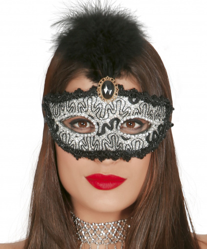 Серебряная блестящая маска с пером, перья, пластик, стразы, тесьма (Испания)