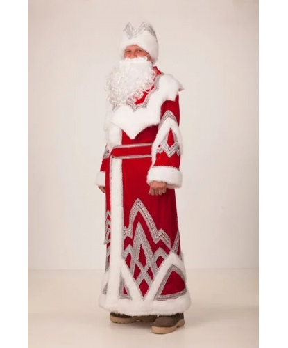 Дед Мороз вышивка серебро: шуба, кушак, шапка, рукавицы, мешок, борода (Россия)