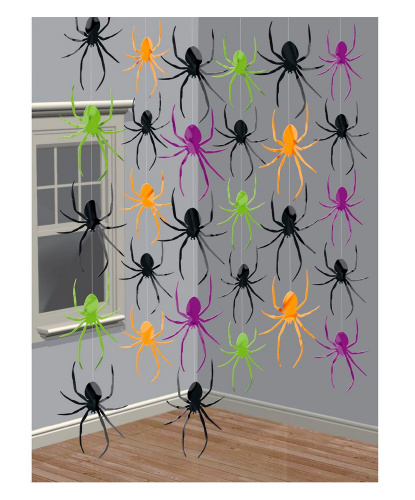 Декорация на Хэллоуин Подвесные, блестящие пауки (6 шт)