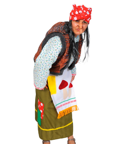 Костюм Баба Яга дремучая: блузка, юбка с фартуком, жилет с горбом, нос, платок, ободок с волосами (Россия)