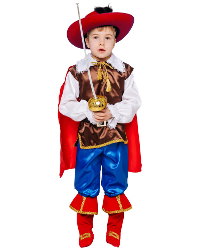 Детский костюм Кот в сапогах (с красной шляпой): рубашка с накидкой и поясом, брюки с накладками на обувь, шляпа, шпага (Россия)