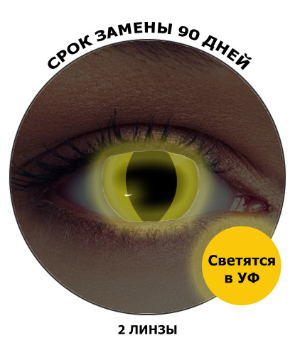 Линзы желтый кошачий глаз, светятся в УФ, без диоптрий, срок ношения 90 дней (Великобритания)