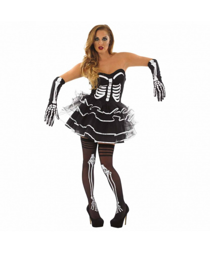 Женский костюм Скелет: платье, прозрачные бретельки, чулки, перчатки (Великобритания)
