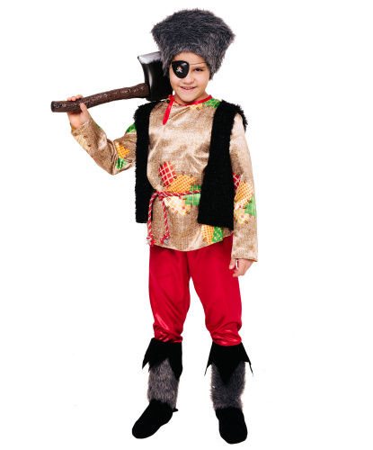 Костюм лесного разбойника: жилет, рубашка, брюки с сапогами, шапка, повязка на глаз, пояс, топор (Россия)