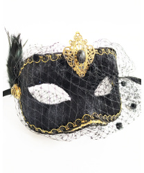 Черная бархатная маска с перьями и вуалью