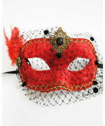 Красная бархатная маска с перьями и вуалью