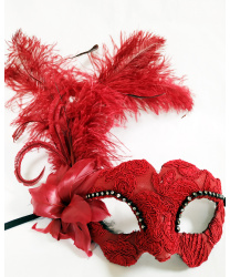 Красная венецианская маска с перьями сбоку