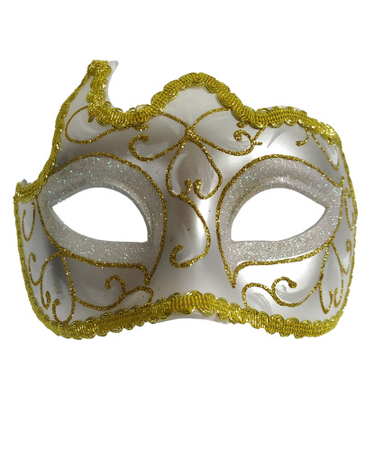 Ассиметричная белая маска с золотым узором, пластик, блестки (Италия)