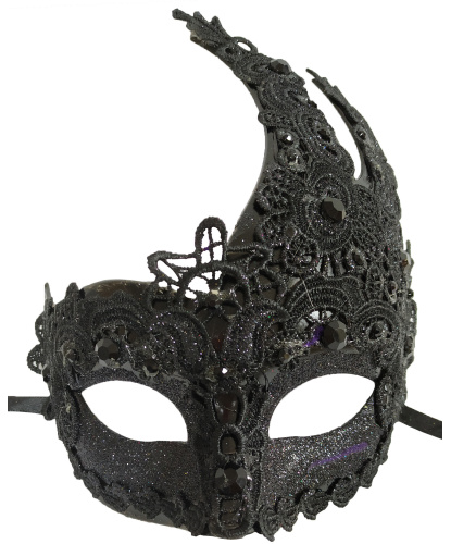 Ассиметричная маска украшенная кружевом, черная, пластик, стразы, кружево (Италия)