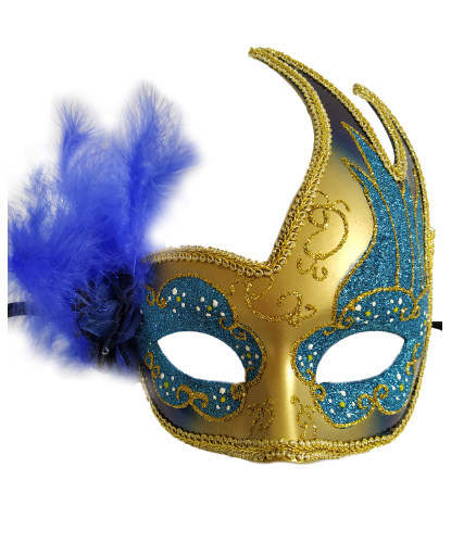 Карнавальная маска ассиметричная с синими перьями, перья, пластик, блестки (Италия)