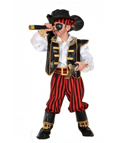 Костюм Пират карибского моря: бандана, жилетка, накладки на обувь, пояс, рубашка, шляпа, штаны, сабля, мушкет, наглазник (Италия)