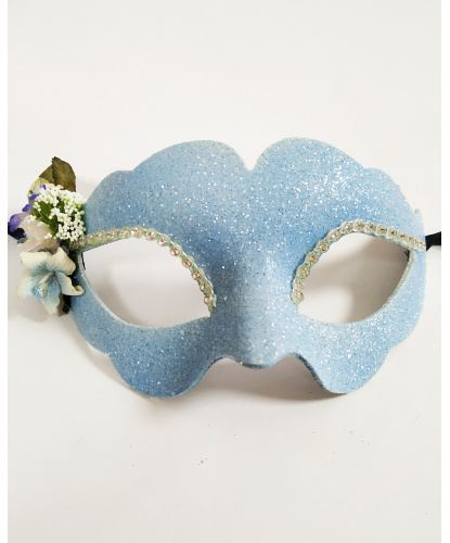 Голубая блестящая маска с цветком Fiore, папье-маше, ткань, стразы (Италия)