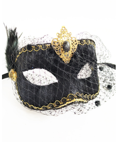 Черная бархатная маска с перьями и вуалью, папье-маше, перья (Италия)