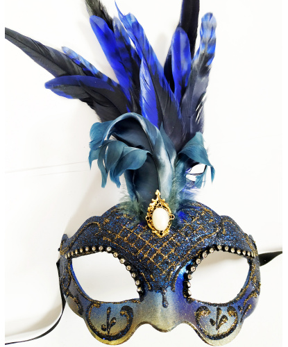 Синяя маска Colombina Ciuffo, перья, папье-маше, стразы (Италия)