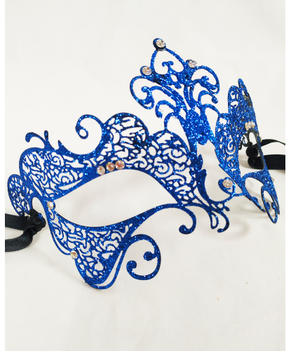 Венецианская ярко-синяя маска с блестками Giglio , металл, стразы, блестки (Италия)