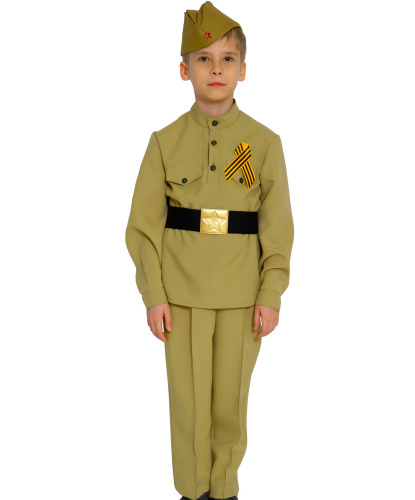 Костюм Солдатик в брюках (светло-зеленый): гимнастерка, брюки, пилотка, ремень (Россия)