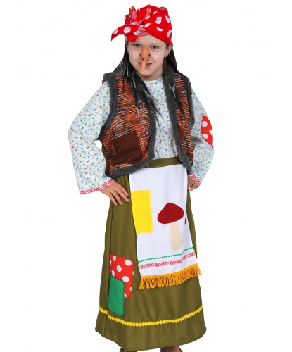 Костюм Бабы Яги: юбка с передником, рубашка, жилетка, косынка, нос, ободок с волосами (Россия)