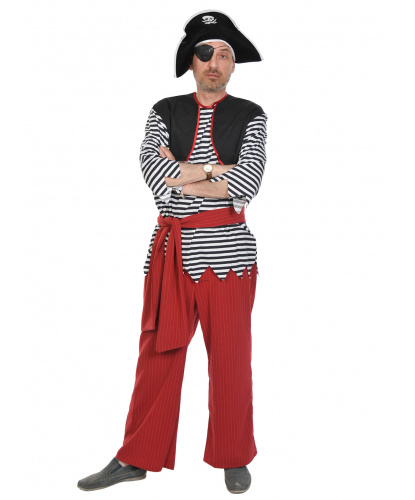 Костюм Пират Билли: тельняшка с жилеткой, штаны, шляпа, повязка на глаз, пояс (Россия)