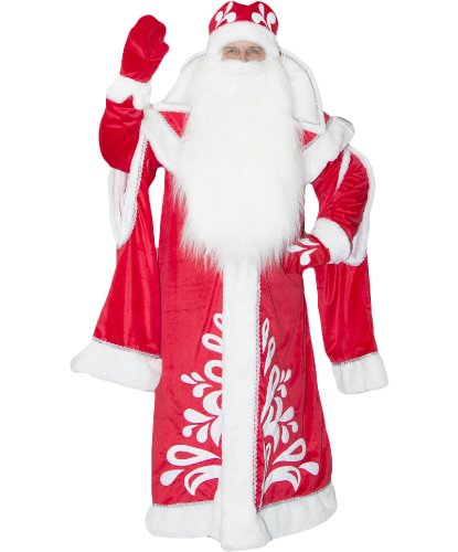 Костюм Деда Мороза (Боярский): шуба с узорами, шапка, варежки, борода (Россия)