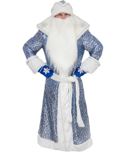 Царский синий костюм Деда Мороза: шуба, пояс, шапка, варежки, борода (Россия)
