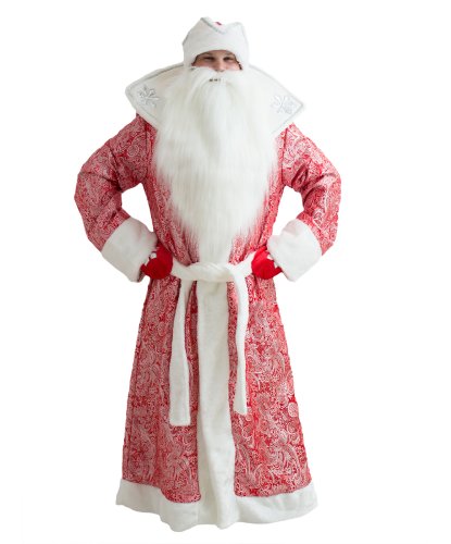 Царский красный костюм Деда Мороза: шуба, пояс, шапка, варежки, борода (Россия)