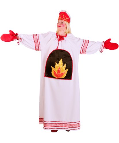 Карнавальный костюм Печки: Платье, съемная аппликация на липучках, кокошник, рукавицы (Россия)