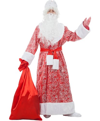 Новогодний костюм Деда-Мороза: Шуба, шапка, борода, парик, рукавицы, кушак, мешок (Россия)