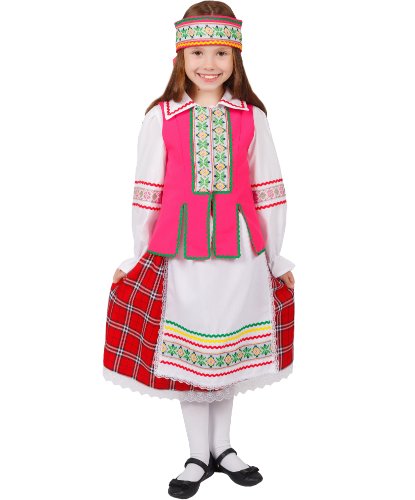 Костюм белорусской девочки: головной убор, жилет, фартук, блузка, юбка (Россия)
