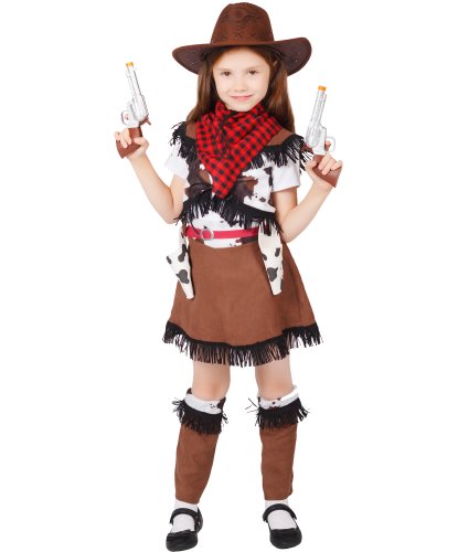 Детский костюм Ковбойки для девочки: головной убор, платок, жилет, юбка, гетры, один мушкет (Россия)