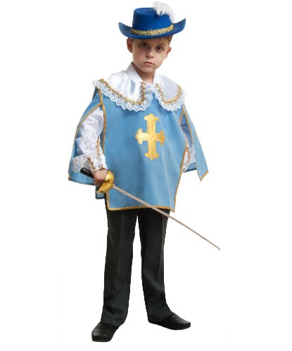 Синий костюм Мушкетера для мальчика: головной убор, накидка, манжеты, шпага (Россия)