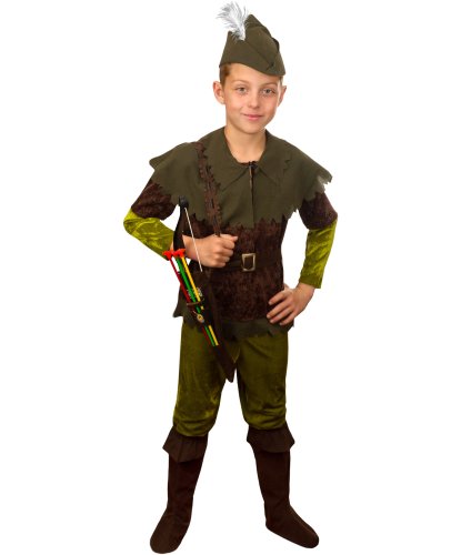 Карнавальный Робина Гуда для мальчика: брюки, куртка, головной убор, текстильная имитация обуви, сумка, пояс, лук и стрелы (Россия)