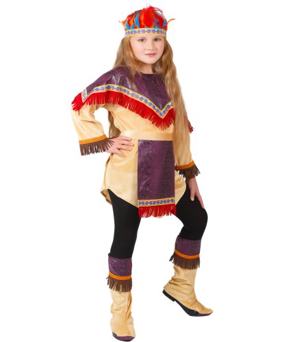 Детский костюм девочки Индейца: головной убор, фартук, платье, текстильная имитация обуви (Россия)