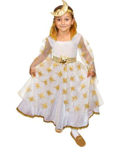 Детский карнавальный костюм Фея Ночи золотая: головной убор, платье, волшебная палочка (Россия)