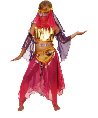 Восточный костюм Шахерезады в золотом для девочки: головной убор, майка, нарукавники, юбка (Россия)