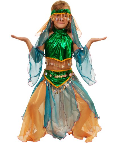 Восточный костюм Шахерезады в изумрудном для девочки: головной убор, майка, нарукавники, юбка (Россия)