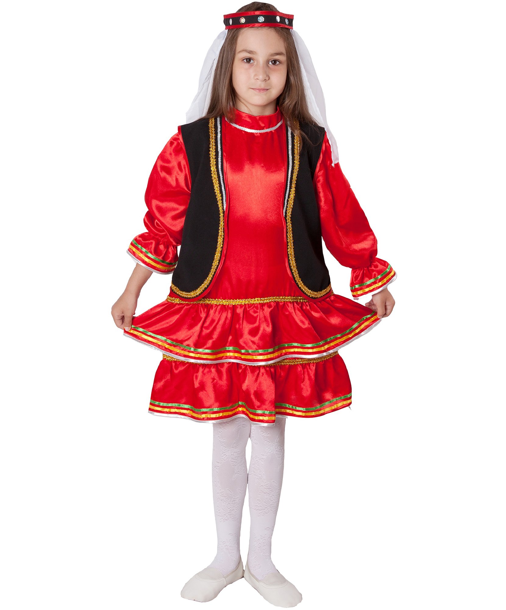 Детский Башкирский народный костюм для девочки: платье с застежкой сзади, рукава по низу на резинке, по подолу 2 оборки, жилет застегивается на потайную пуговку, головной убор с вуалью сзади (Россия) купить в