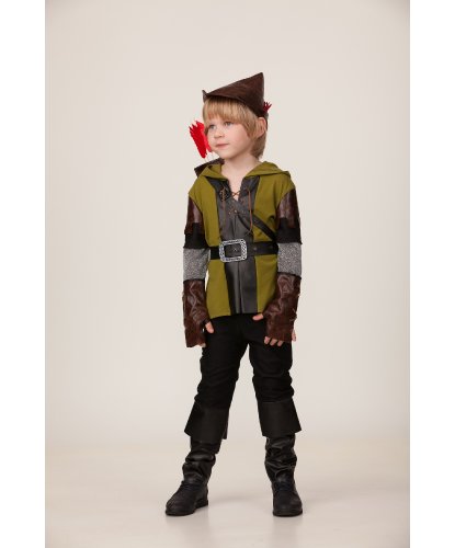 Костюм Робин Гуд для мальчика: кофта с капюшоном, брюки с накладками на обувь, головной убор, пояс. колчан (Россия)
