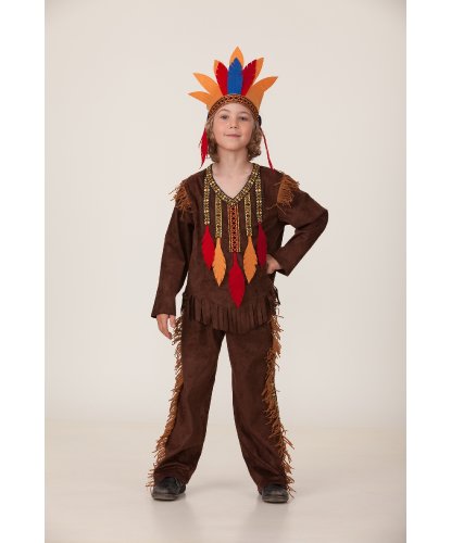 Костюм Индеец для мальчика: Рубаха, брюки, повязка с перьями (Россия)