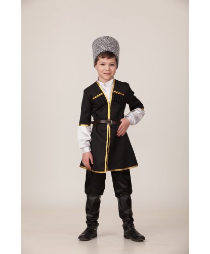 Национальный Кавказский костюм на мальчика (черный) для мальчика: Рубашка, брюки, камзол, головной убор, ремень (Россия)