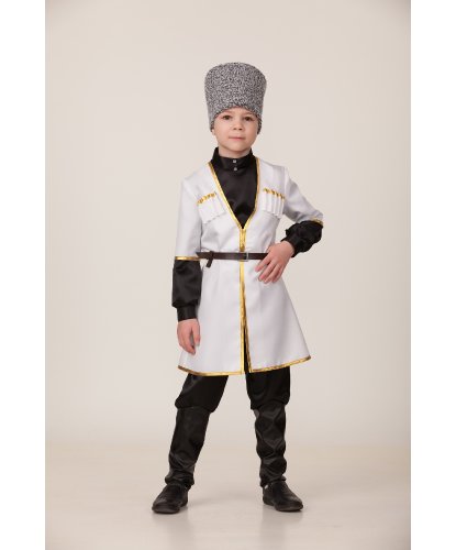 Национальный Кавказский костюм на мальчика (белый) для мальчика: Рубашка, брюки, камзол, головной убор, ремень (Россия)