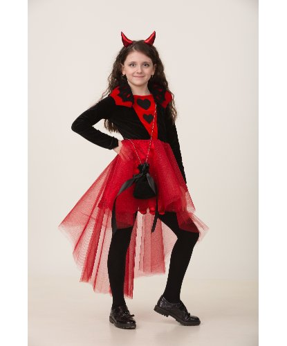 Костюм Дьяволица для девочки: Платье, сумочка на цепочке, ободок с рожками (Россия)