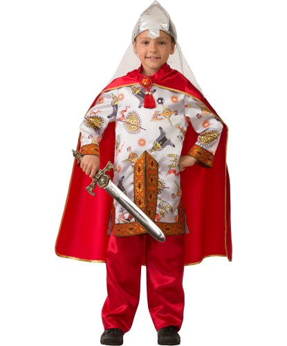 Костюм Богатырь сказочный для мальчика: рубашка, брюки, плащ, шлем (Россия)
