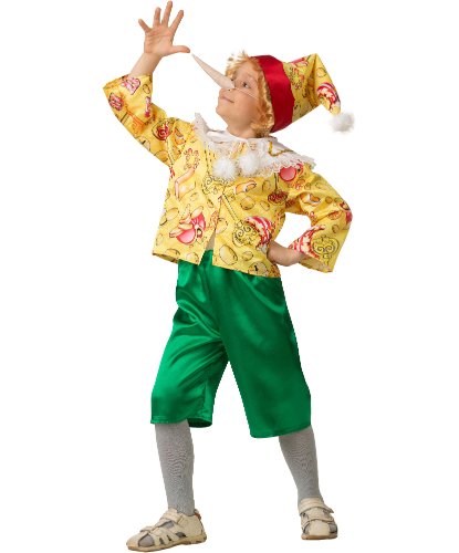 Костюм Буратино сказочный для мальчика: куртка, шорты, колпак с волосами, нос (Россия)