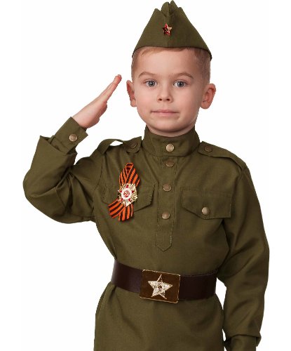 Карнавальный набор Солдат малютка 2 (хлопок): гимнастерка, ремень, пилотка, лента с орденом (Россия)
