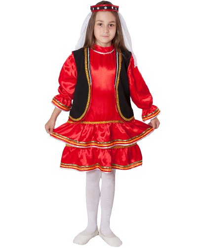 Детский Башкирский народный костюм для девочки: платье с застежкой сзади, рукава по низу на резинке, по подолу 2 оборки, жилет застегивается на потайную пуговку, головной убор с вуалью сзади (Россия)