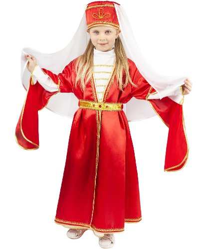 Кавказский народный костюм для девочки: верхнее платье, нижнее платье, головной убор, пояс (Россия)
