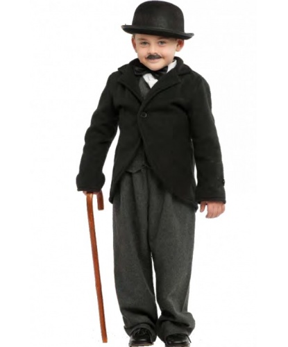 Детский костюм Чарли Чаплина: бабочка, брюки, жилетка, котелок, пиджак, рубашка, трость, усы (Италия)